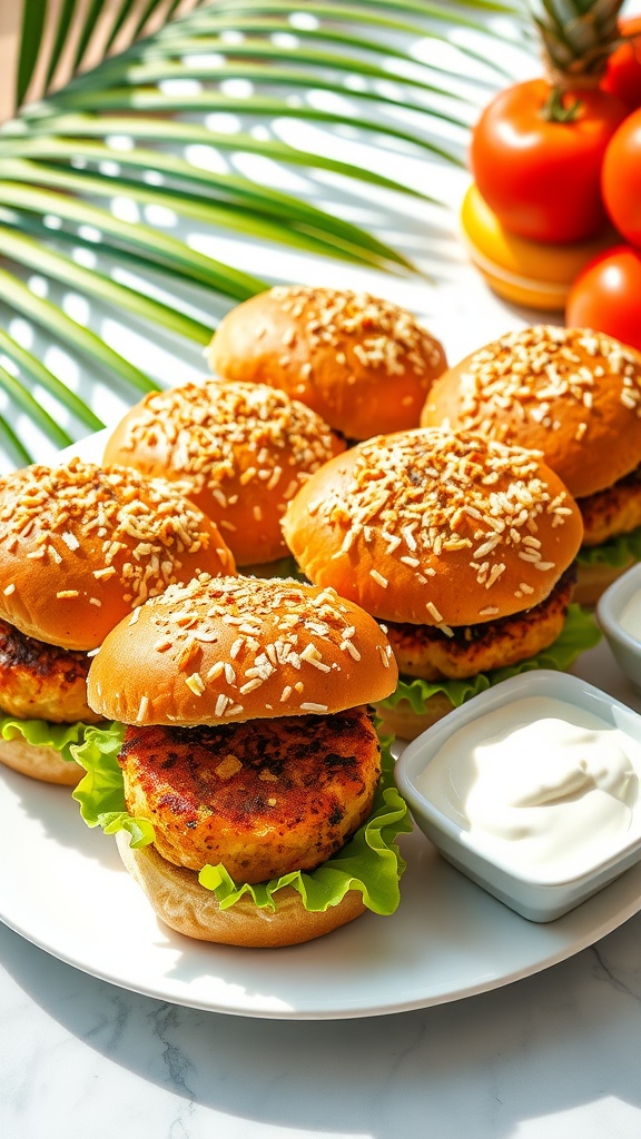 Coconut crusted tuna sliders on a plate, garnished with lettuce and tomato, with lime mayonnaise sauce.